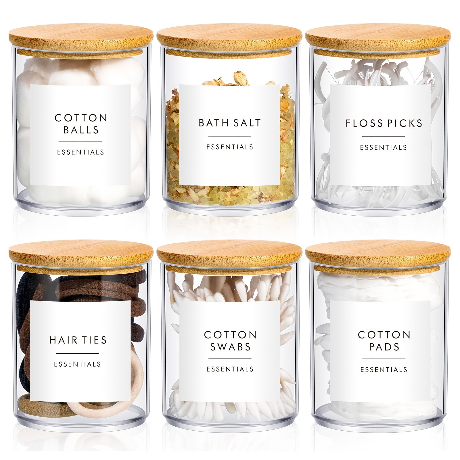 Lot de 4 pots transparents de 10 oz avec couvercles, idéal pour cotons, maquillage et accessoires de salle de bain.