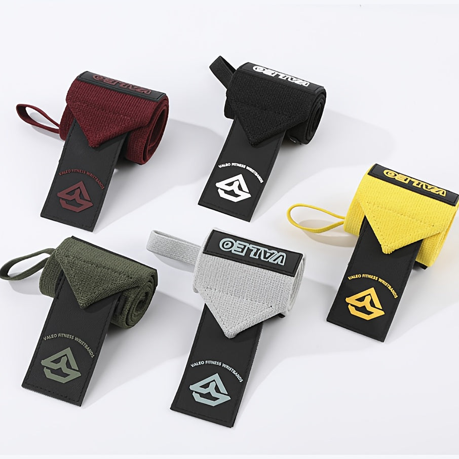 زوج من الأربطة المطاطية من VALEO لتدريبات الأثقال، مع حلقة للإبهام وحلقات قابلة للتعديل، مما يوفر دعمًا معززًا لتمارين الرفعة المميتة ورفع الأثقال.