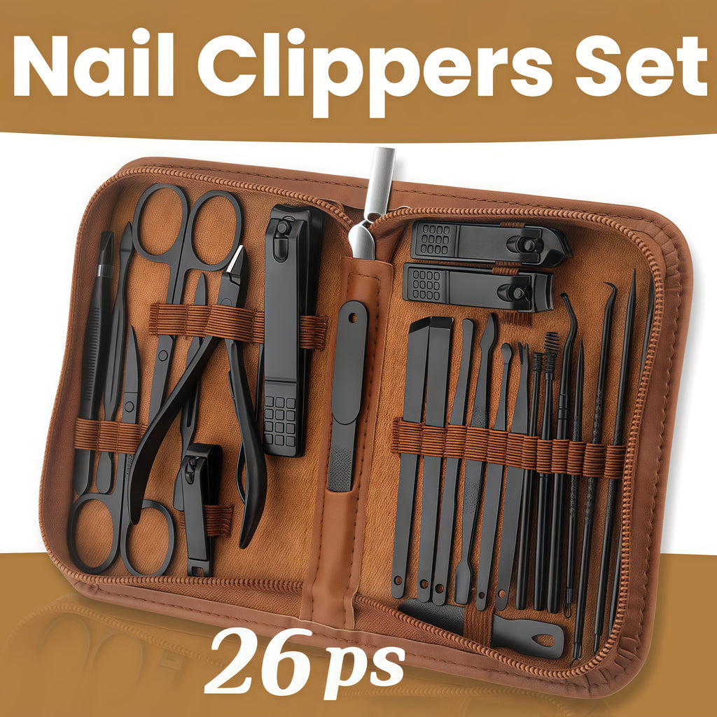 Set manucure-pédicure 26-en-1 en acier noir, outils pliables complets avec étui imitation cuir, pour soins des ongles hommes et femmes.