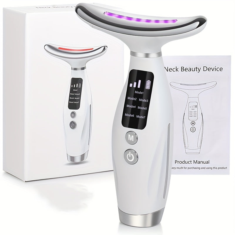 Appareil rechargeable visage et cou, 7 modes, massage vibrant et chauffant, USB, design ergonomique, idéal soins à domicile et cadeau beauté.