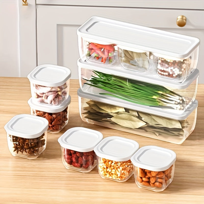 Set of 8 Stackable Spice Boxes: Food grade PP, airtight lids, removable jars, ideal for spices, herbs and condiments, cooking and camping.