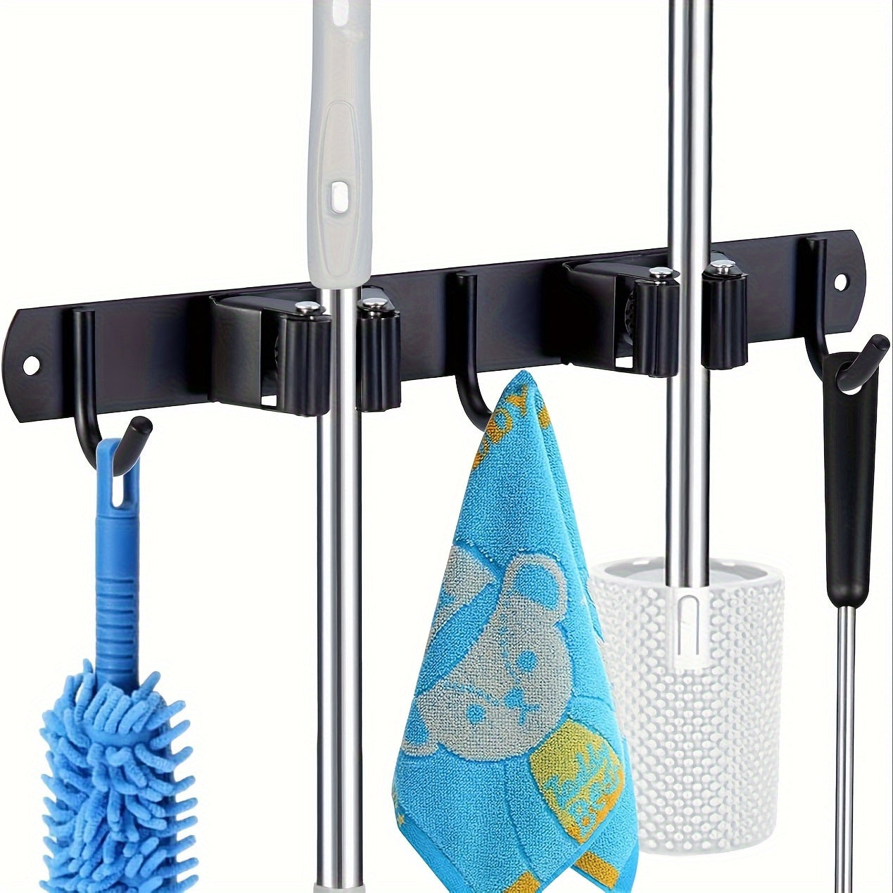 Organisateur mural en acier inoxydable, 4 emplacements et 5 crochets, rangement polyvalent pour outils jardin, balais, garage, robuste et gain de place.