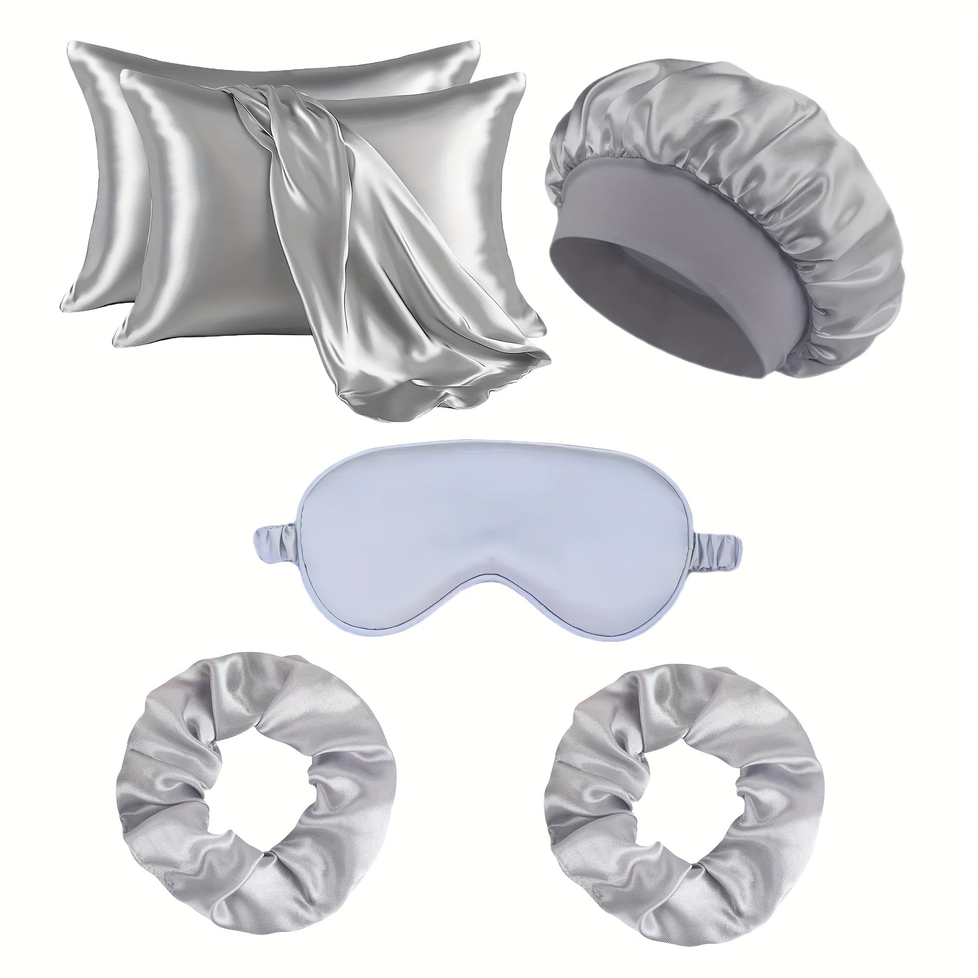 Lot de 6 accessoires capillaires femme : taies satin, bonnet de nuit détachable, masque yeux respirant, bandeau large avec nœud.