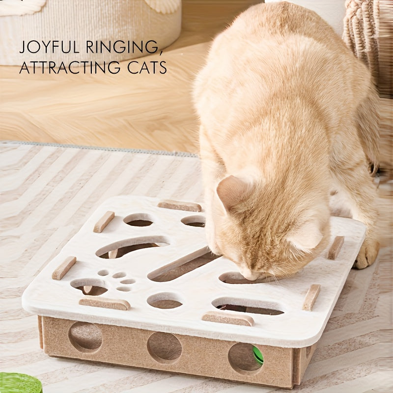 Jouet interactif pour chat, tunnel et balle à cloche, matériau durable, sans batterie, design géométrique, favorise activité et stimulation mentale.