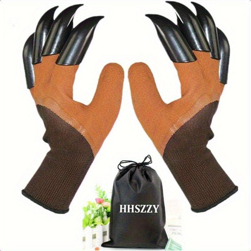 Paire de gants bruns avec 8 griffes noires, idéale pour jardinage, plantation et désherbage efficace.