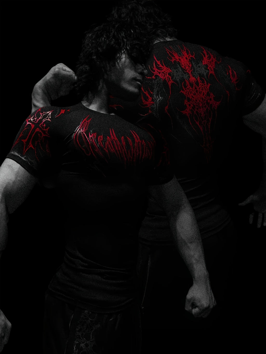 T-shirt compression 2025, haute élasticité, séchage rapide, motif géométrique rouge, maintien musculaire performant, adapté entraînement hommes et femmes.