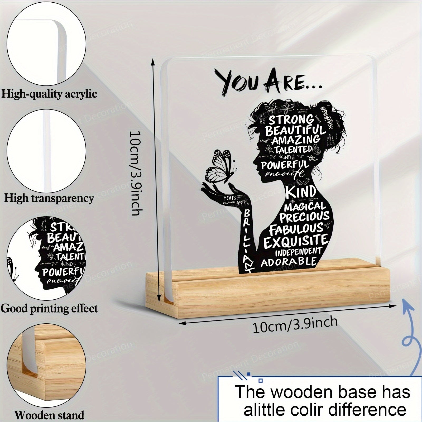 2D acrylic desk decoration with positive affirmations "You Are Powerful, Beautiful, Amazing", elegant design, ideal for home, office or cafe, perfect gift.