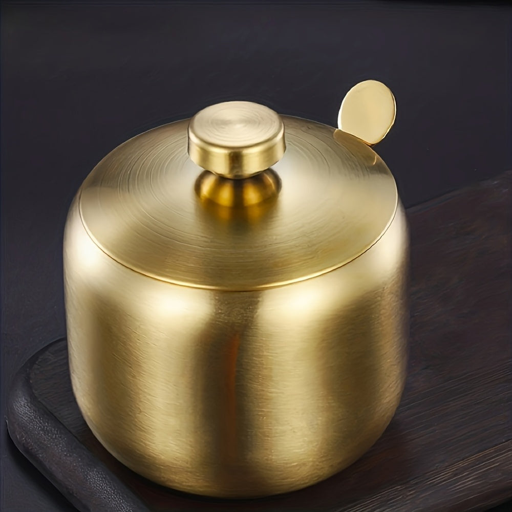 Lot 3 pcs : pot, couvercle et cuillère, acier inoxydable, multi‑usage pour sel, sucre, épices, installation sans perçage, réutilisable.