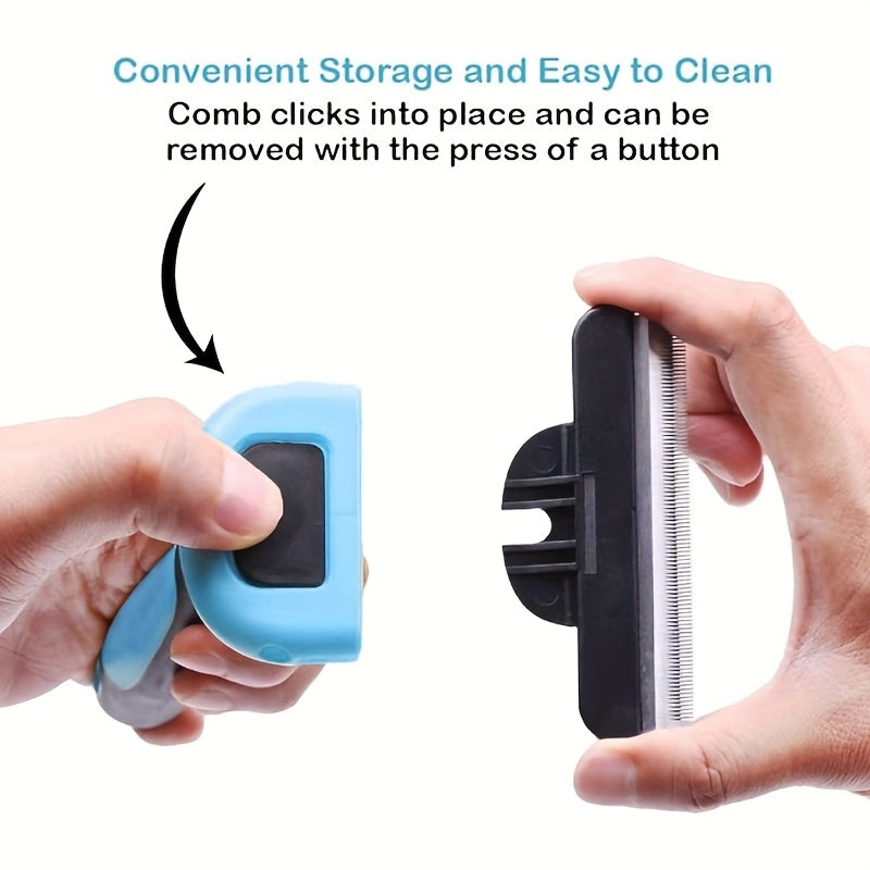 Professional pet deshedding brush. Reduces hair by 95%, ergonomic, electricity-free, blue and black design, for all breeds.