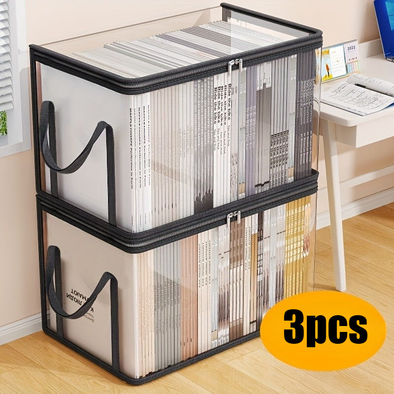 Lot de 3 boîtes de rangement transparentes avec couvercle rabattable, grandes et rectangulaires, empilables, pour livres, vêtements ou bureau, plastique durable.