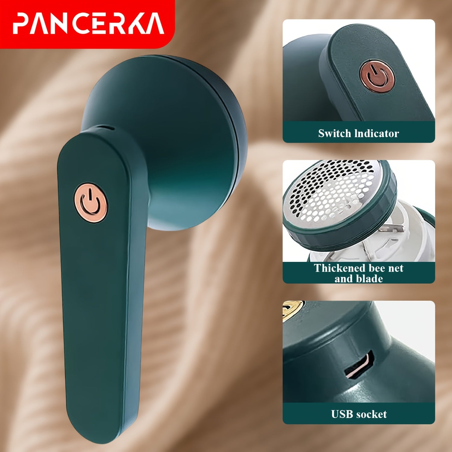 Pince à tissus PANCERKA portable USB, lame à six lames et grille nid d’abeille, enlève bouloches et peluches efficacement à domicile.