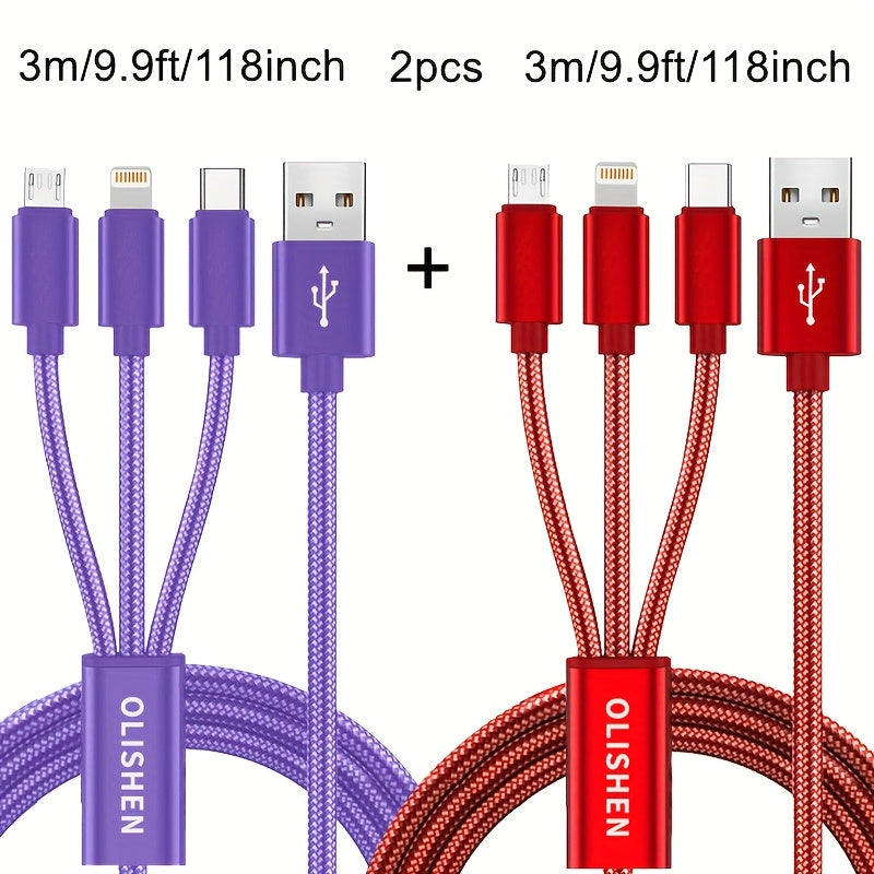 Lot de 2 Câbles 3-en-1 à Charge Rapide : Nylon tressé durable, compatible iPhone, Samsung, Xiaomi et autres, sortie 10 W, USB.
