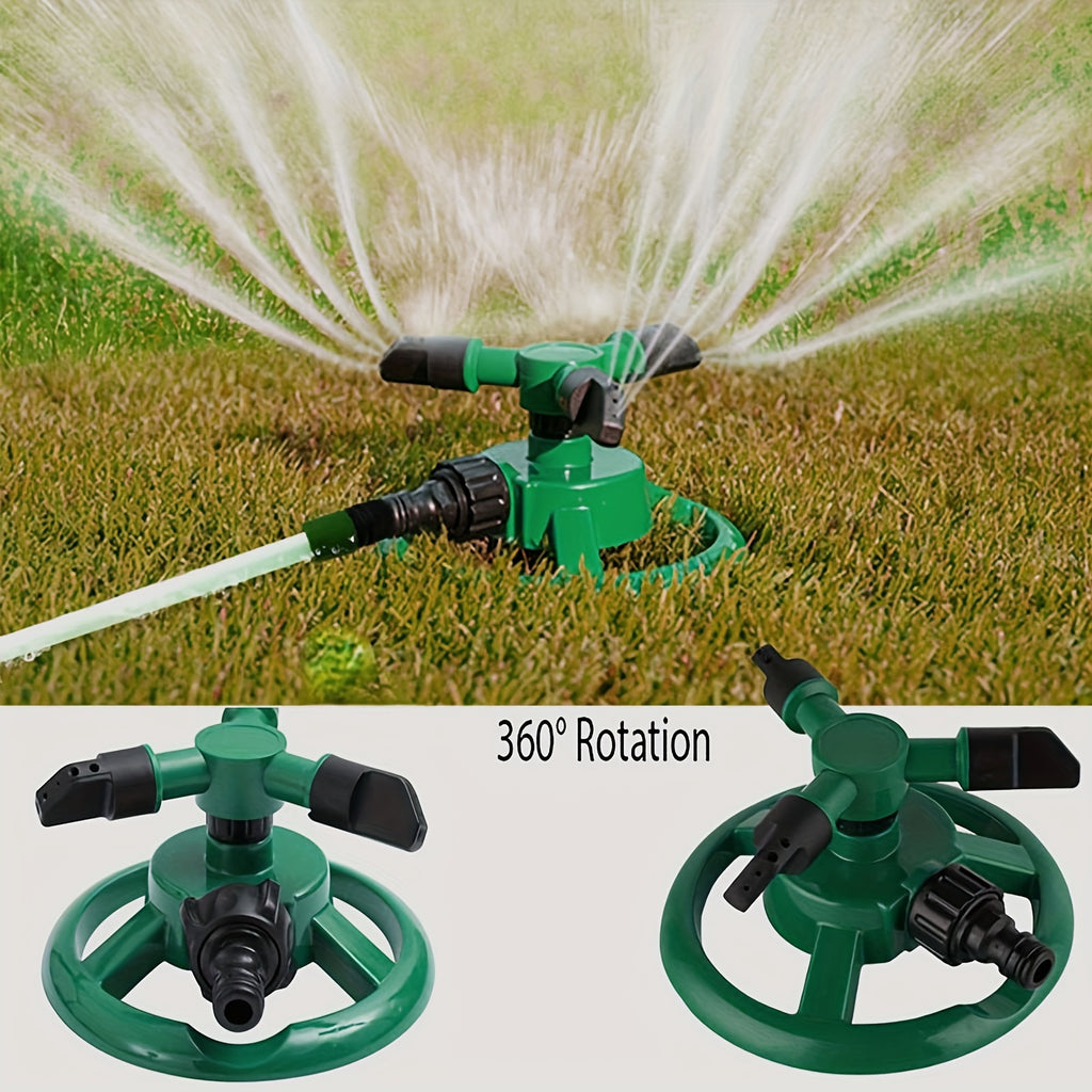 360° rotating sprinkler head, efficient garden irrigation, adjustable flow rate, complete lawn and plant coverage, green plastic design.