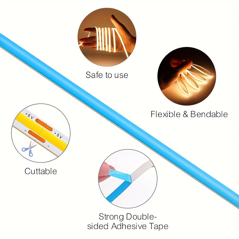 Ruban LED COB HOTU : Flexible, adhésif, découpe possible, 400 LED/m, lumière blanc chaud à blanc jour (3000-6500 K), idéal chambre et sous-meubles.