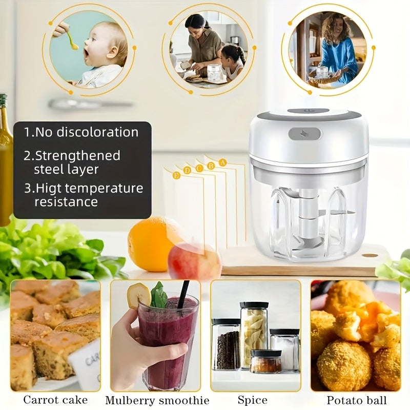 Mini robot culinaire 250 ml avec 3 lames en acier inoxydable, hache viande, légumes et fruits, compact, électrique, pratique pour préparation repas maison.