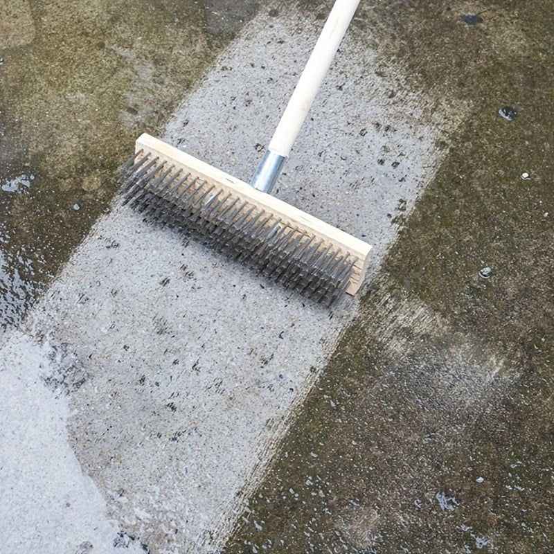 Brosse de sol en fil d’acier robuste, poignée ergonomique, idéale pour nettoyer surfaces métalliques, jardins et extérieurs sans électricité.