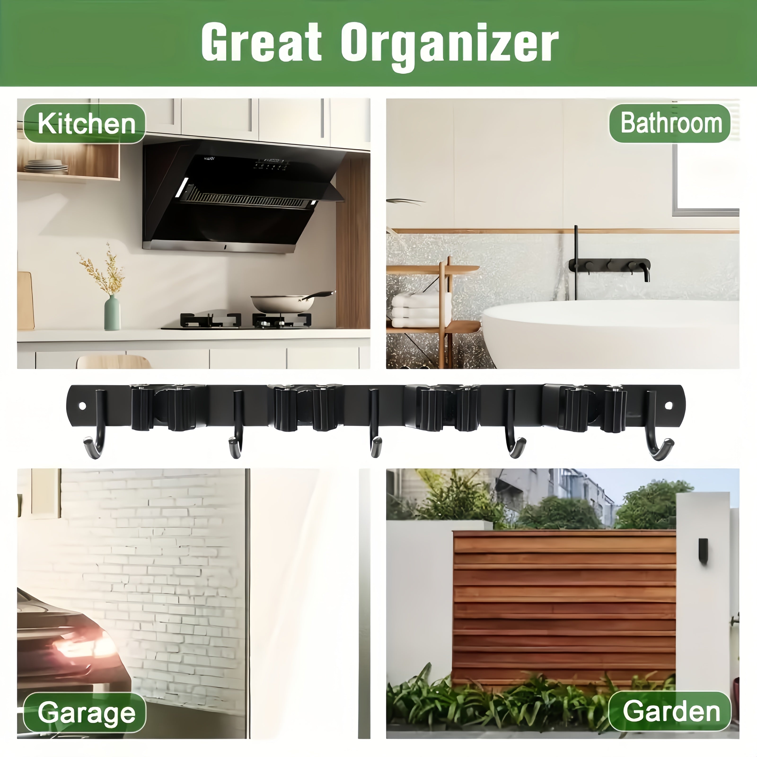 Organisateur mural en acier inoxydable, 4 emplacements et 5 crochets, rangement polyvalent pour outils jardin, balais, garage, robuste et gain de place.