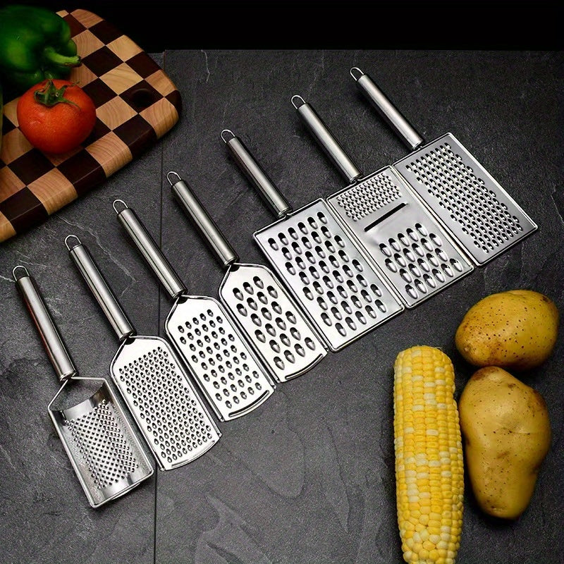 Set of 3 stainless steel kitchen utensils: peeler, grater and can opener, versatile for fruits, vegetables and potatoes.