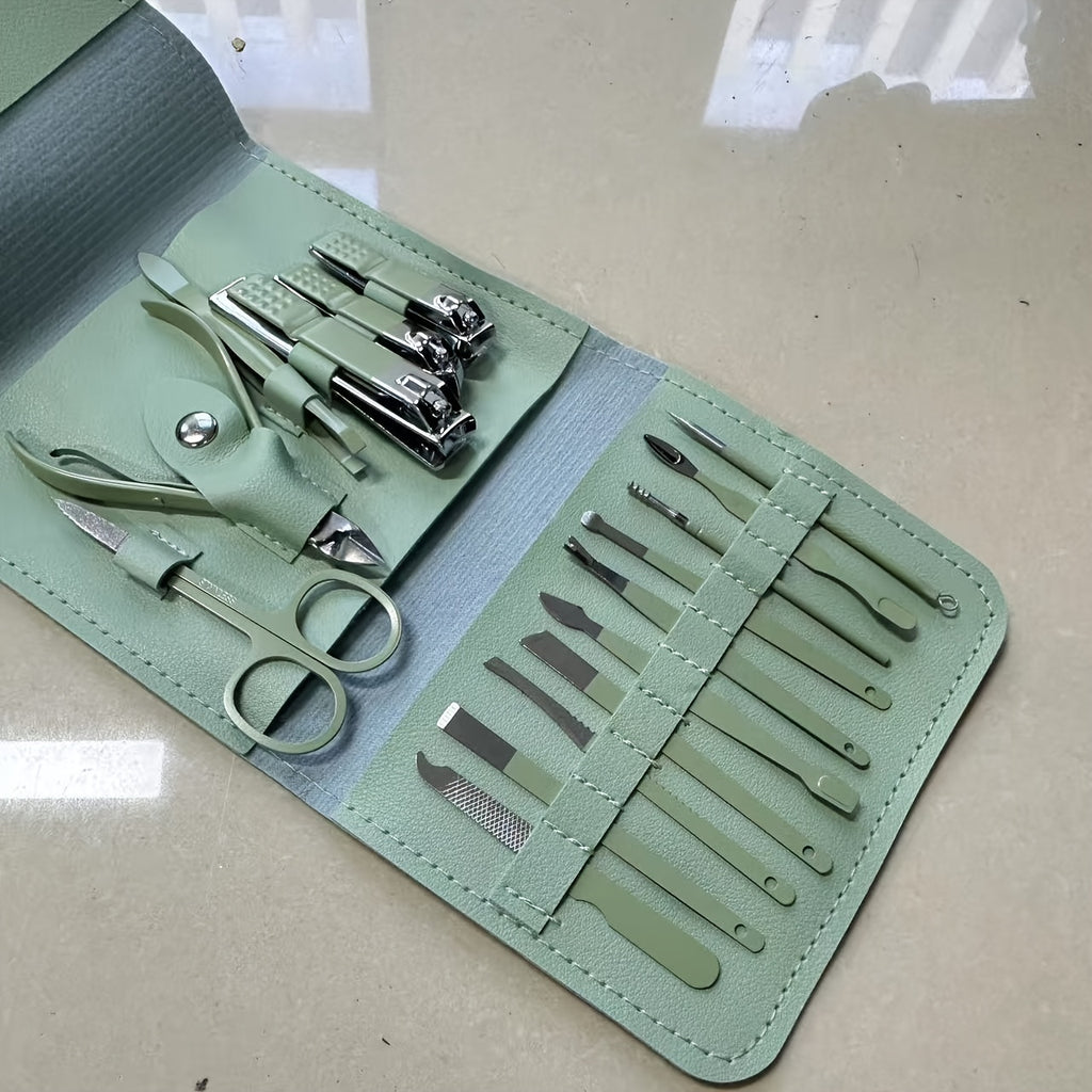 Set 16 pièces soins des ongles en acier inoxydable, lime, cure-oreille et ciseaux, style moderne, idéal voyage et usage professionnel.