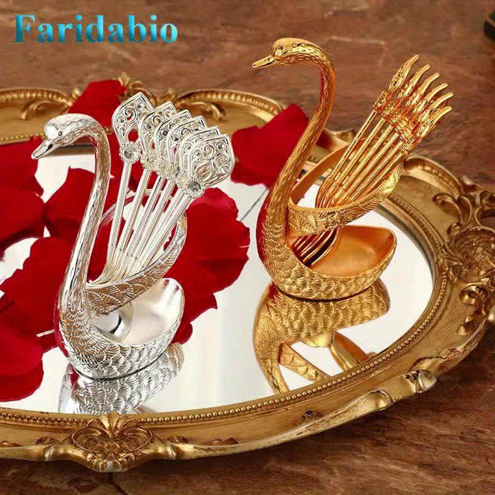 Gold and Silver Alloy Spoon Set: Elegant, rustproof and durable, with decorative swan stand, ideal for cafes, desserts, restaurants or gifts.