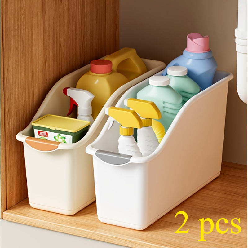 Lot de 2 bacs de rangement en plastique, design incurvé, multifonctions, pour produits ménagers et essentiels, organise efficacement la maison.