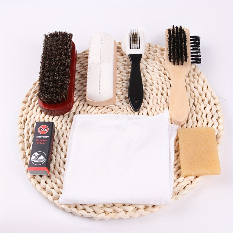Kit de 7 brosses pour chaussures, applicateur double-face, poils de cheval et brosse nubuck/suède, nettoyage doux du cuir avec chiffon microfibre.