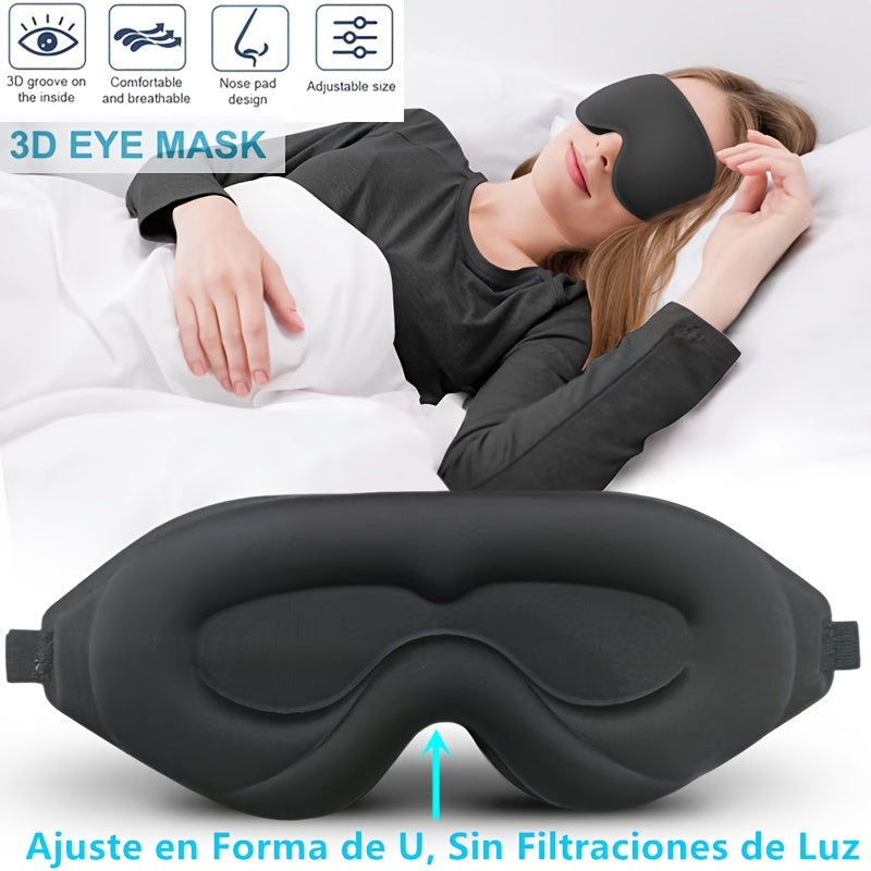 Masque de sommeil 3D, obscurité totale, hypoallergénique, confort doux, sangle réglable, idéal pour nuit, voyage, bureau ou yoga.