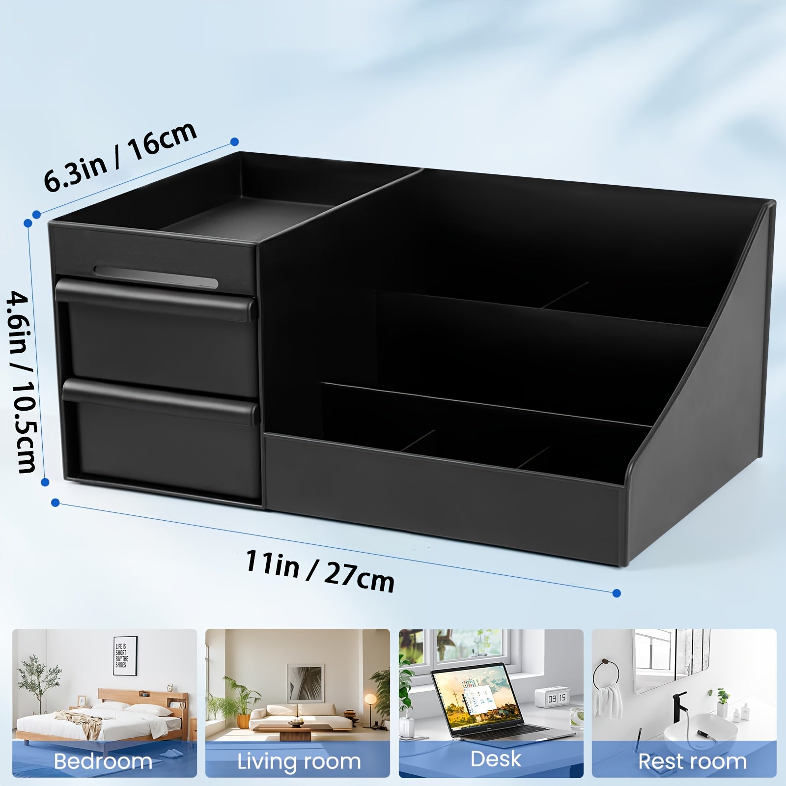Plastic men's countertop organizer, multiple compartments and adjustable shelves, modern storage for perfumes, grooming products and toiletries, space saving.
