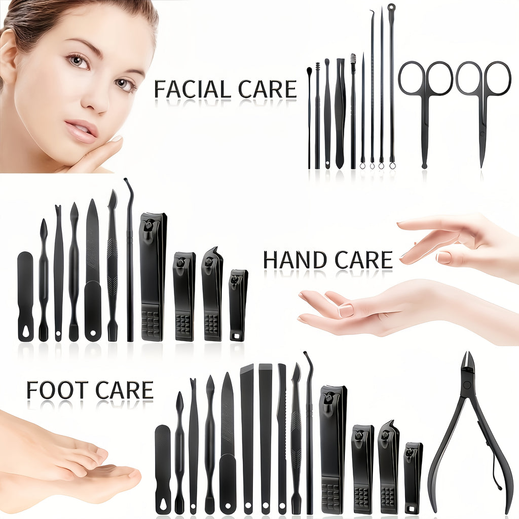 Set manucure-pédicure 26-en-1 en acier noir, outils pliables complets avec étui imitation cuir, pour soins des ongles hommes et femmes.