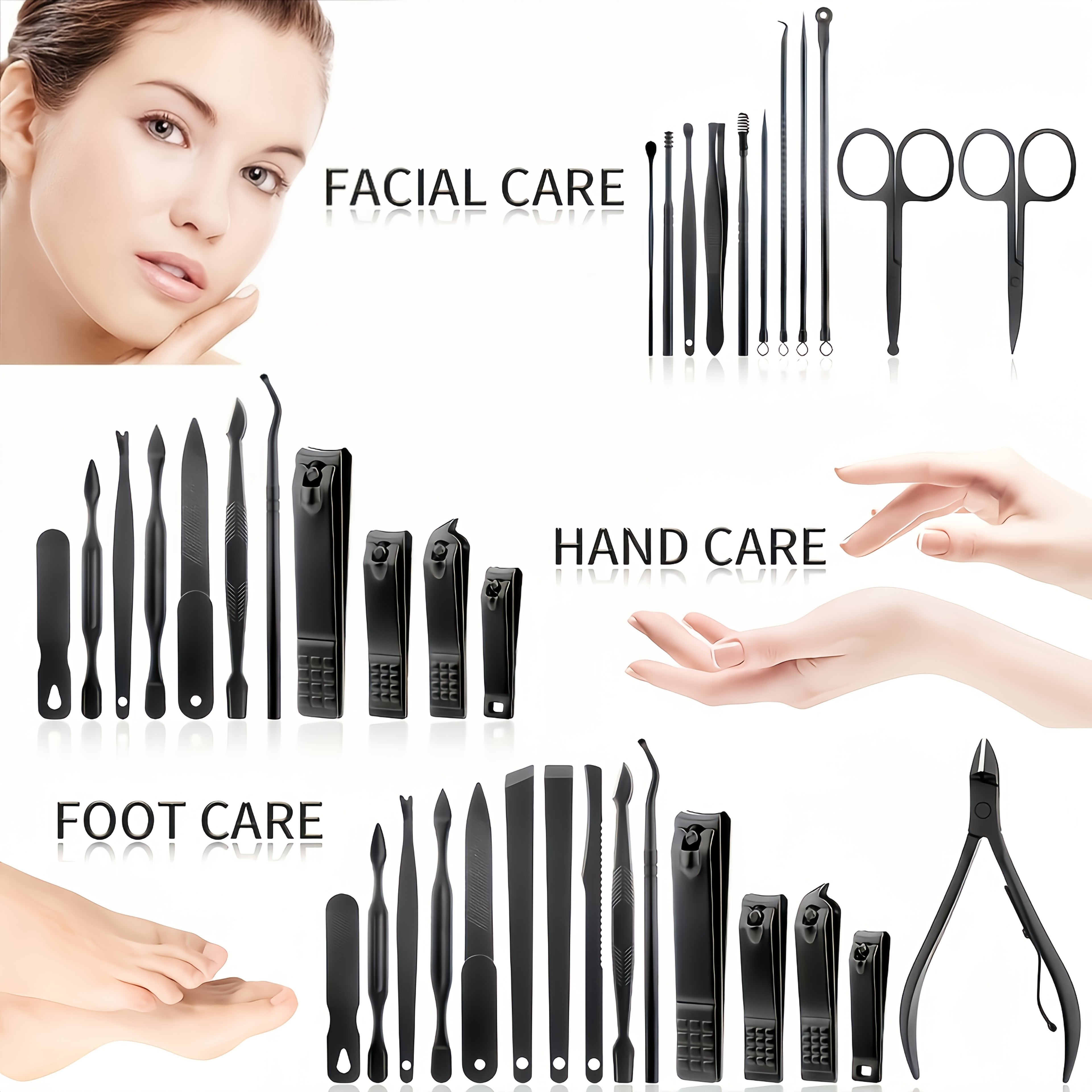 Set manucure-pédicure 26-en-1 en acier noir, outils pliables complets avec étui imitation cuir, pour soins des ongles hommes et femmes.