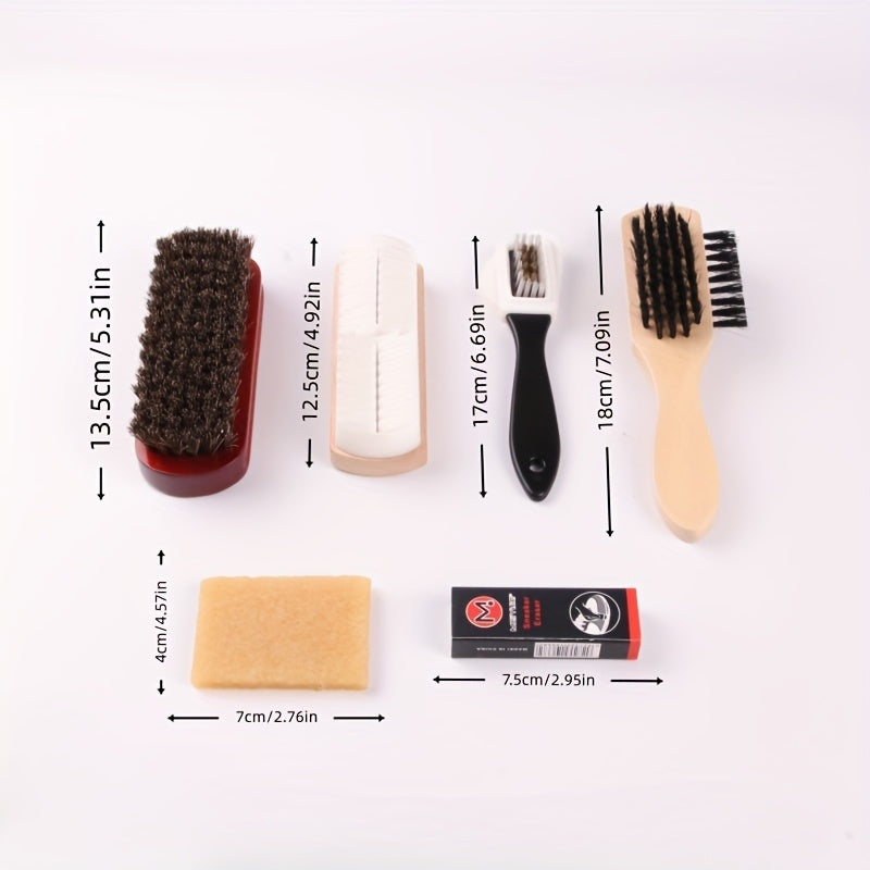 Kit de 7 brosses pour chaussures, applicateur double-face, poils de cheval et brosse nubuck/suède, nettoyage doux du cuir avec chiffon microfibre.
