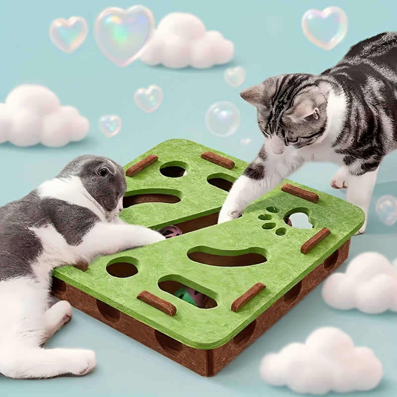 Jouet interactif pour chat, tunnel et balle à cloche, matériau durable, sans batterie, design géométrique, favorise activité et stimulation mentale.