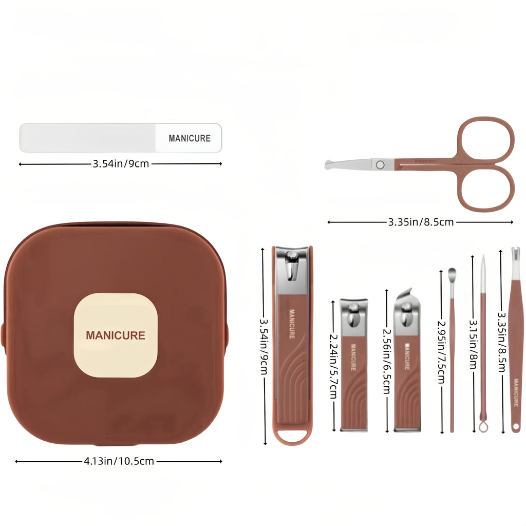 Set de 8 coupe-ongles en acier inoxydable avec boîte de rangement, étanche et portable, parfait pour soins personnels et voyage.
