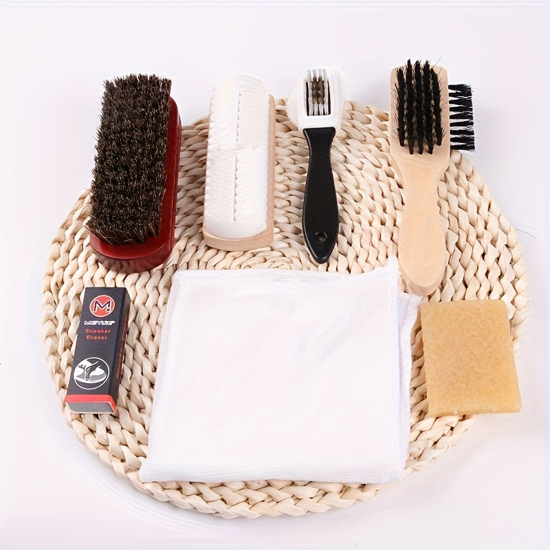 Kit de 7 brosses pour chaussures, applicateur double-face, poils de cheval et brosse nubuck/suède, nettoyage doux du cuir avec chiffon microfibre.