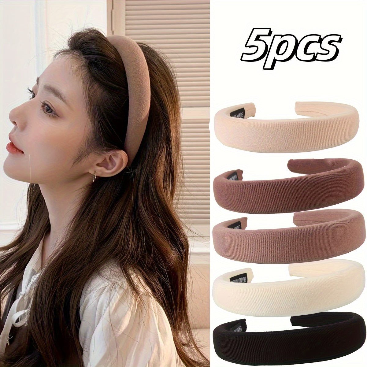 Lot de 5 bandeaux éponge unis pour femmes, larges et doux, design élégant et minimaliste, accessoire cheveux polyvalent et durable.