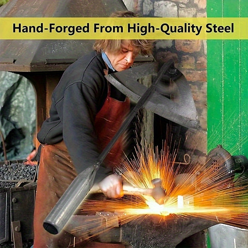 Houe robuste tout acier avec lame en croissant, design en échelle pour désherber, creuser et planter, idéale jardin, ferme et aménagement.