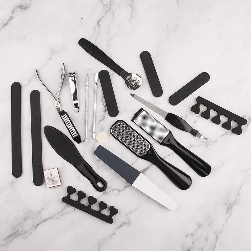 Set manucure-pédicure 23 pcs, outils robustes pour limer, polir et lisser, parfait pour usage domestique, salon ou spa professionnel.