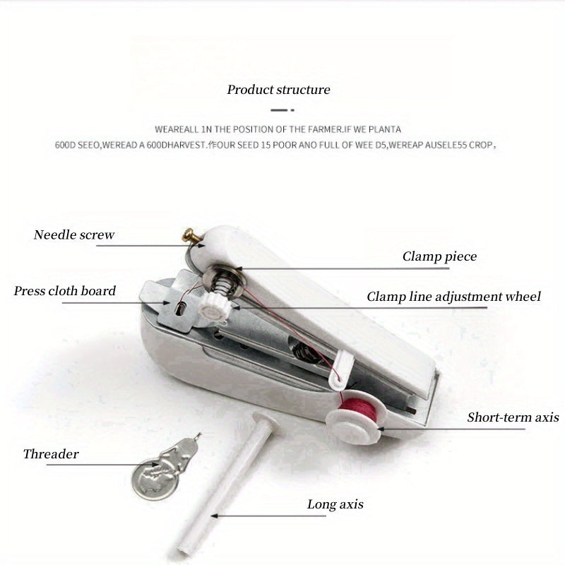 Mini portable sewing machine, manual and easy to use, ideal for home sewing, compact and practical, white color.