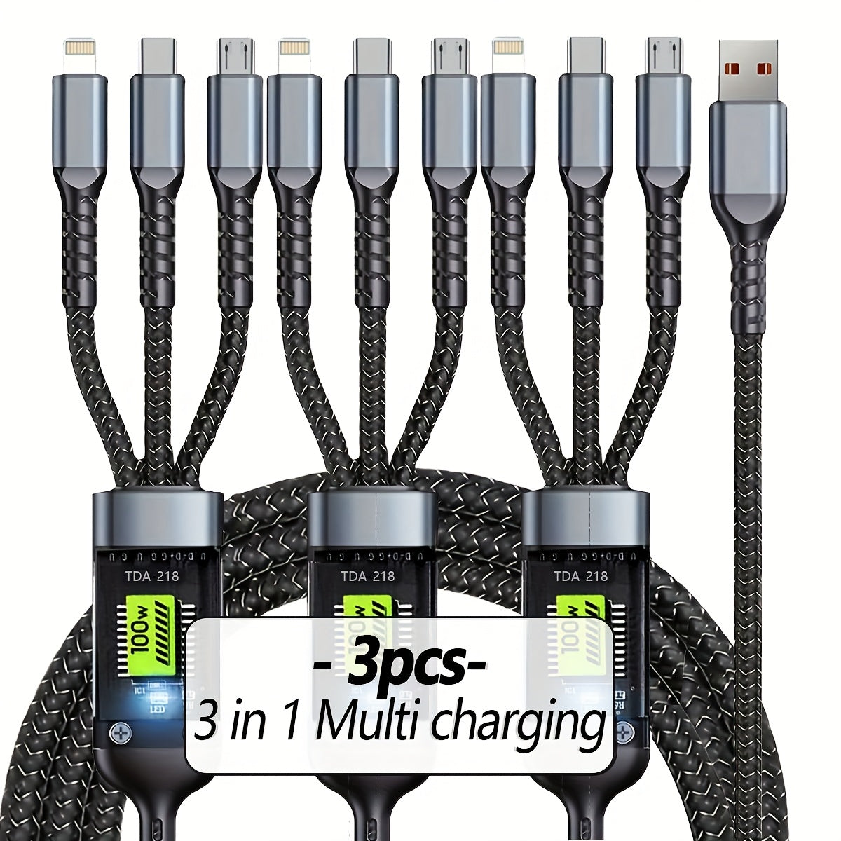 3-in-1 multi-USB charging cable, braided nylon, Type-C and Micro USB ports, fast charging, compatible with phones and tablets, convenient and durable.