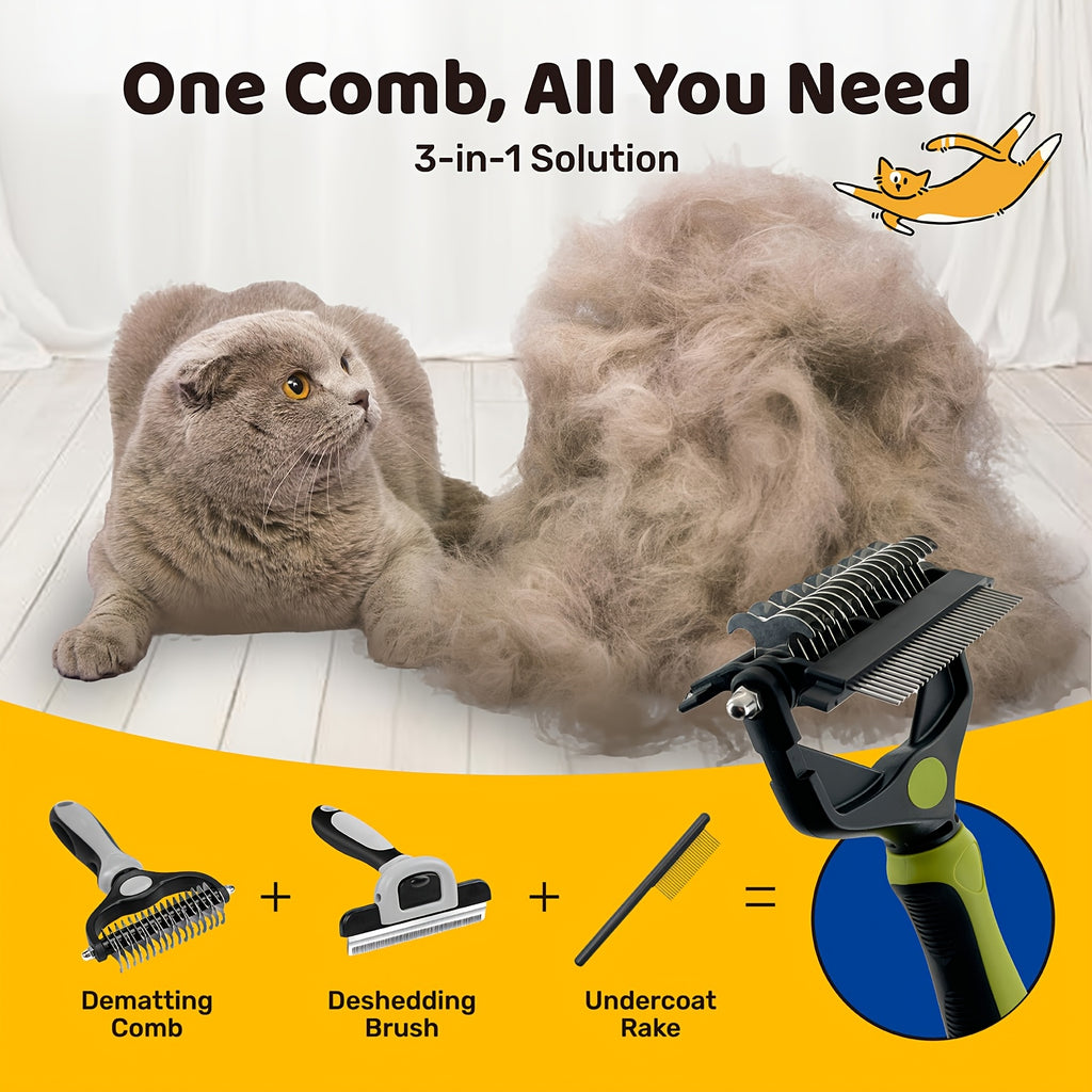 Outil de toilettage 3-en-1 pour animaux. Râteau sous-poil, brosse slicker, peigne démêlant pour poils longs et courts, idéal pour chiens et chats.