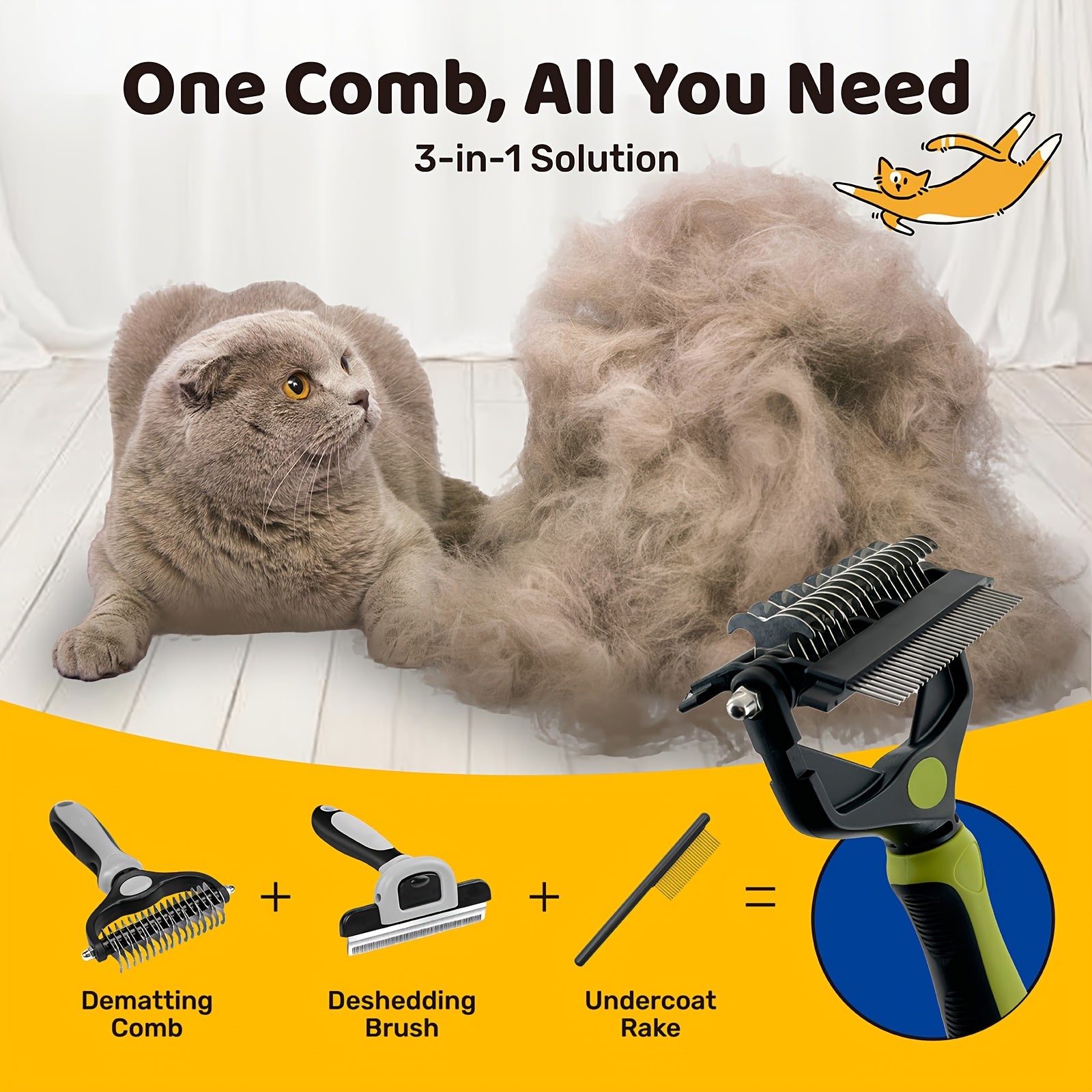 3-in-1 pet grooming tool. Undercoat rake, slicker brush, detangling comb for long and short hair, ideal for dogs and cats.