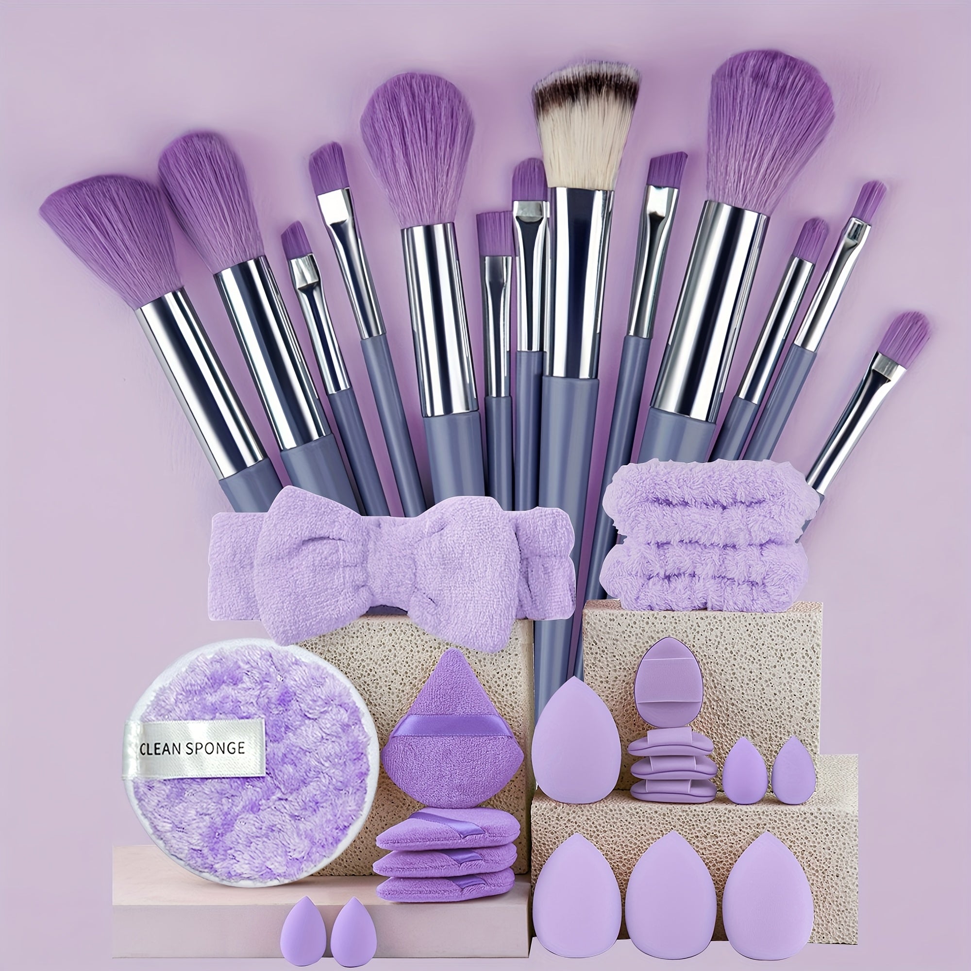 Professional 13/20/33 piece makeup set with accessories: nylon brushes, headband, sponges and accessories for precise and complete application.