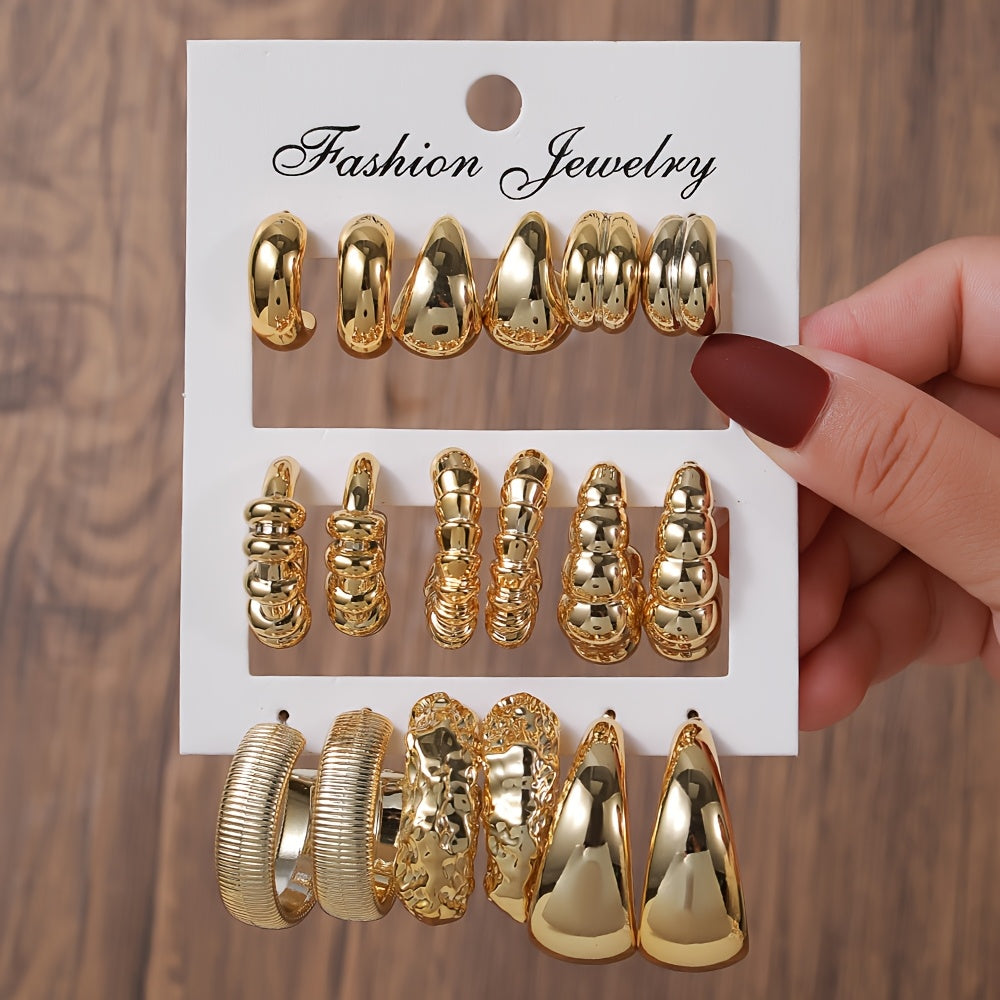 Set of 6 or 9 pairs of oversized C-shaped resin earrings, perfect for parties and feminine gifts.