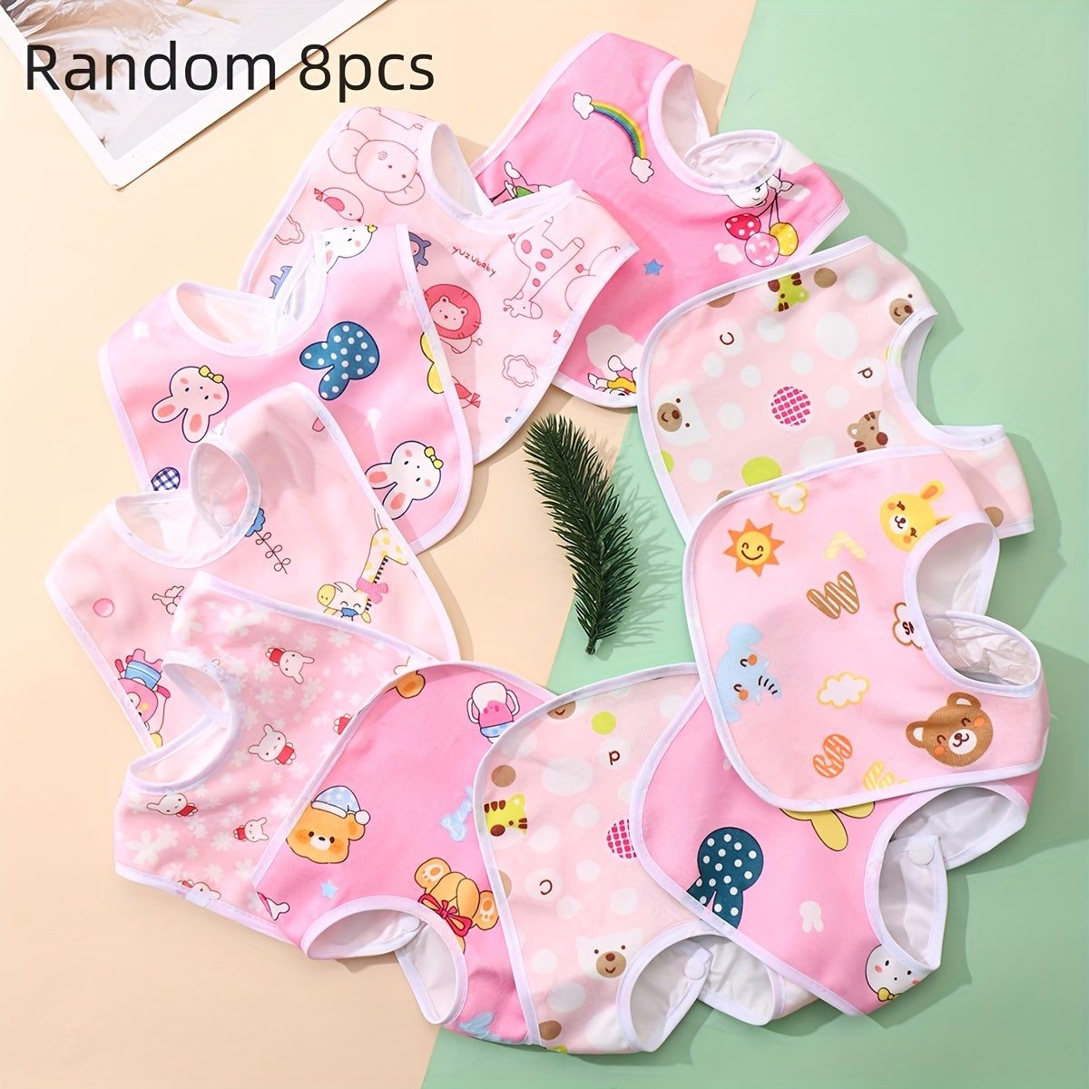 Random set of 8 or 10 crystal velvet bibs, pink and blue, U-shaped with pocket, ideal for baby meals.