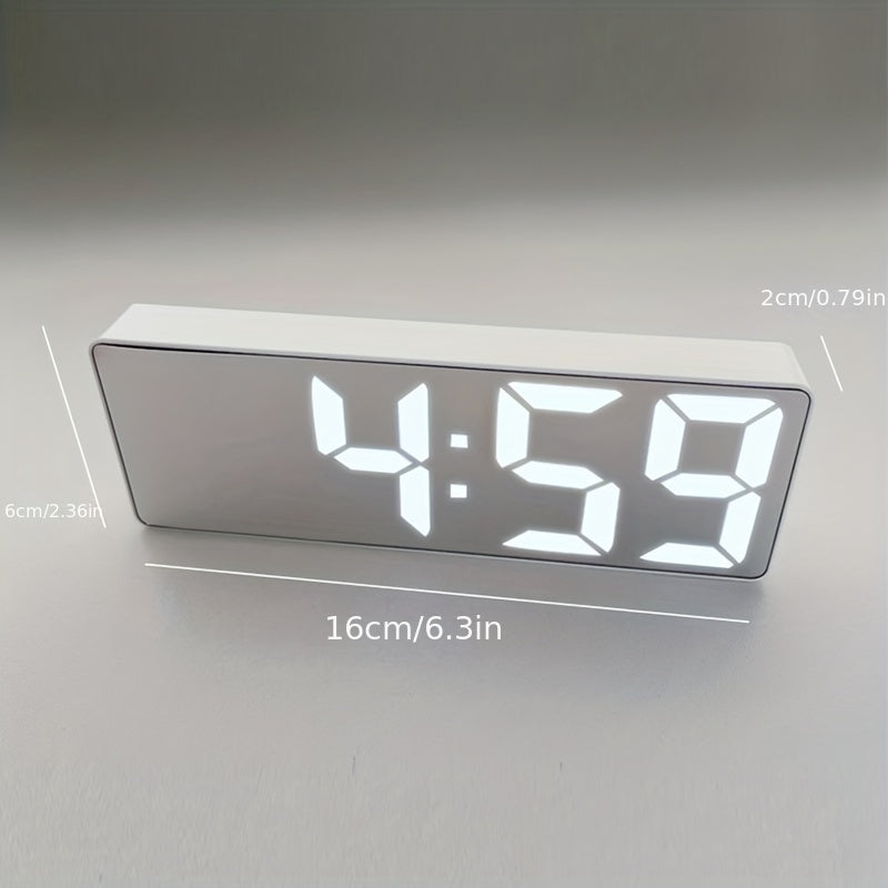 Modern LED alarm clock with digital display, temperature, adjustable brightness, 12/24 hour format, high readability, built-in battery, ideal for bedroom or office.