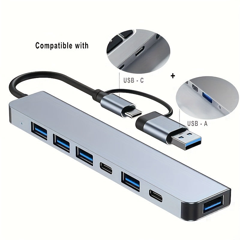 High-speed 7-in-1 USB 3.0 adapter, multiport expansion with Type-C and USB-A connectors, tablet compatible, 5V USB power supply.