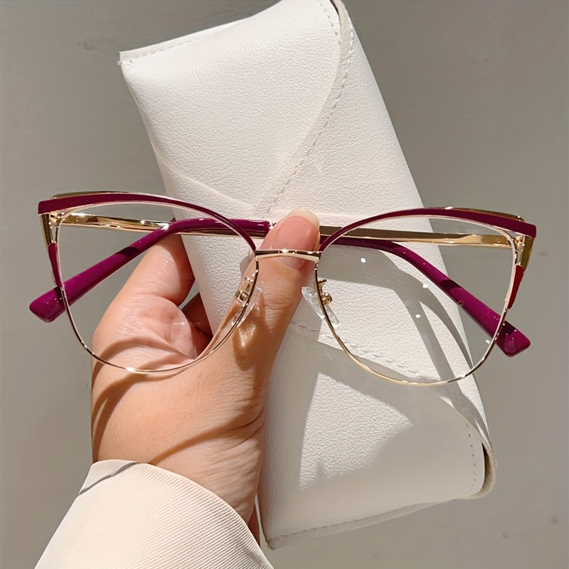 Paire de lunettes style œil de chat pour femmes, monture métallique légère, tendance rétro, couleur rose élégante, sans correction.