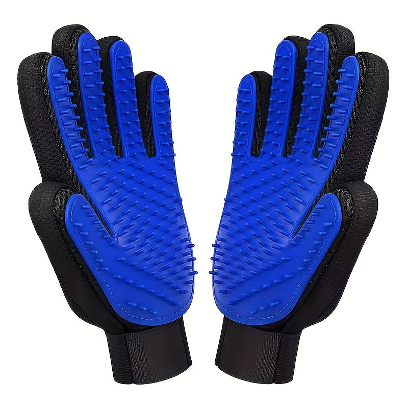 Lot de 2 gants de toilettage 2-en-1 pour animaux. Élimine poils et fourrure, massage et désépaississement pour chiens et chats.