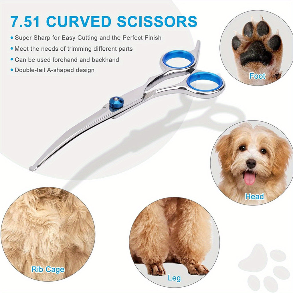 Pet grooming scissors set with safe, rounded tips. Curved stainless steel scissors, perfect for dogs and cats.