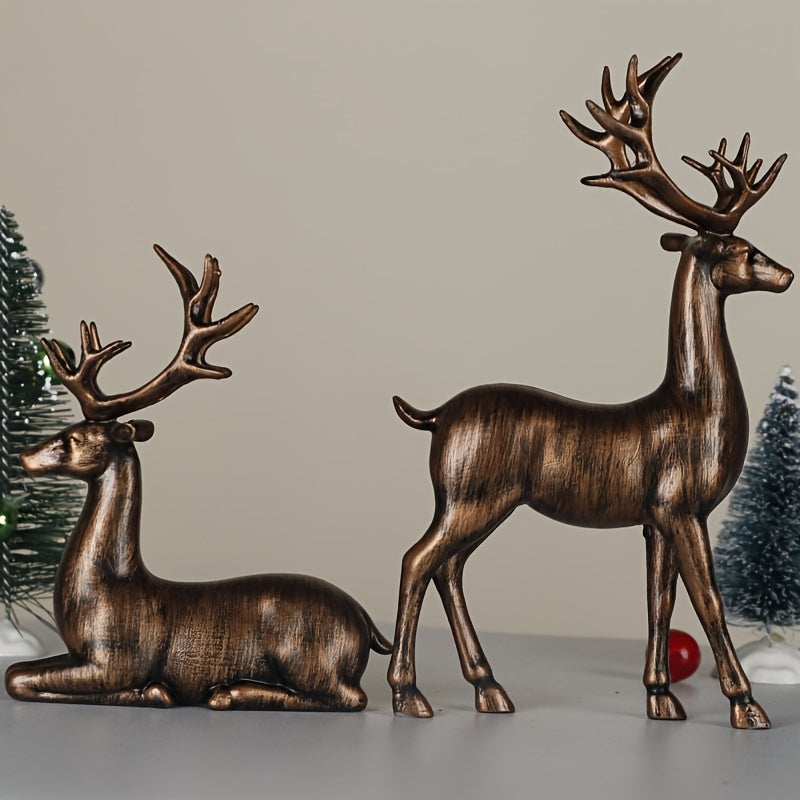 Lot de 2 statues d’élans en bronze Décorations de Noël ou fêtes, idéales pour salon, chambre, bureau ou entrée, sans électricité, cadeau parfait.